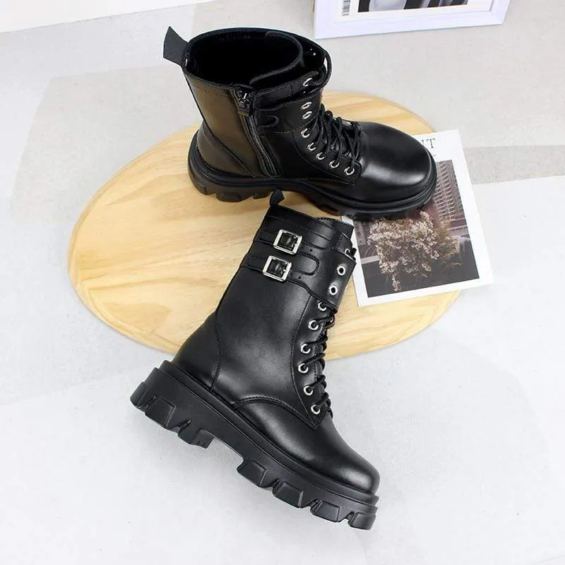 Damen Gothic Punk Zipper Schnallen Buskin Boots