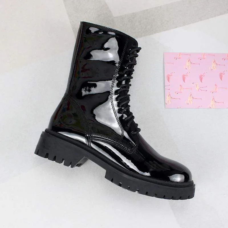 Damen Gothic Punk Lackleder Buskin Stiefel