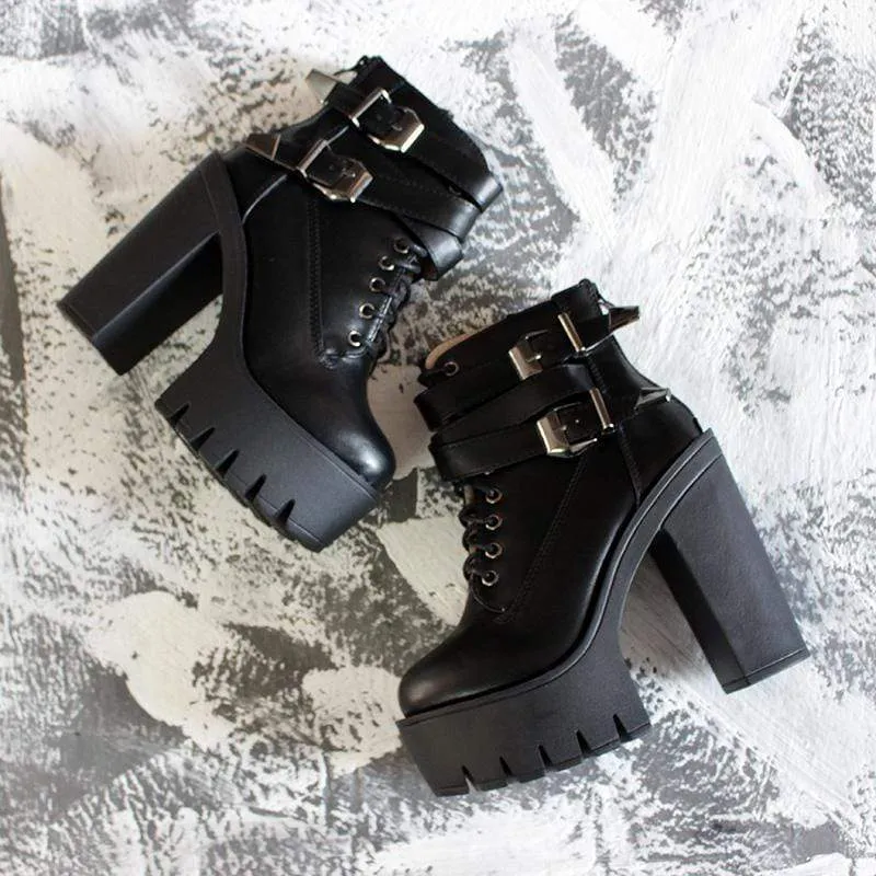 Damen Gothic Punk Schnürstiefeletten mit klobigem Absatz