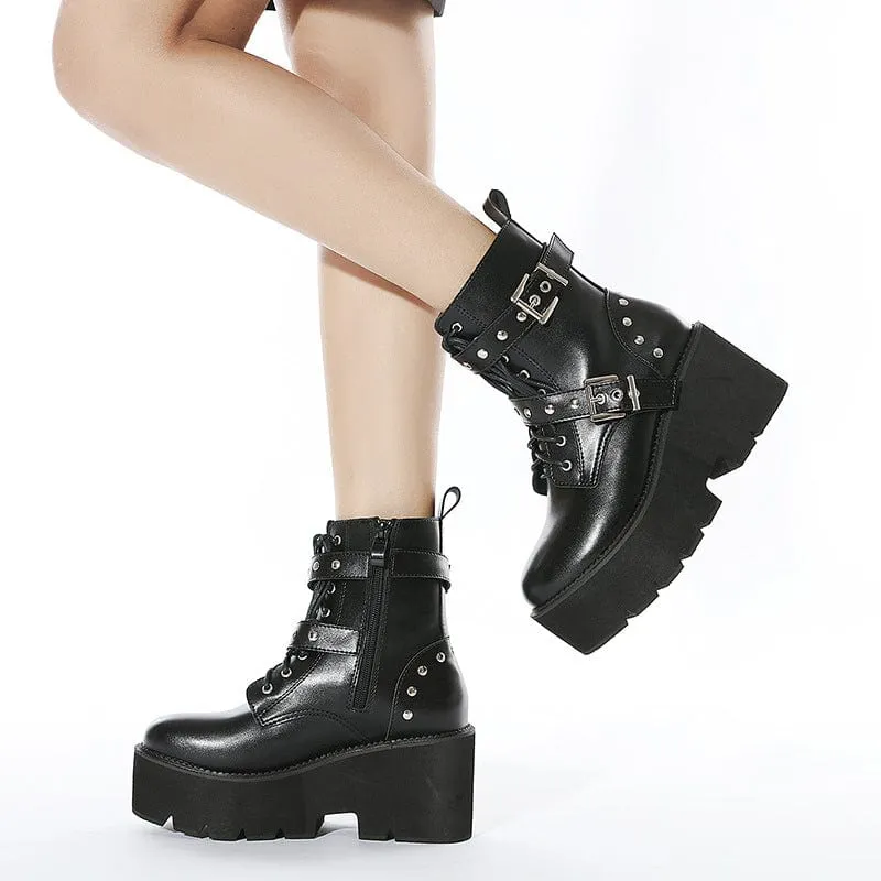 Damen Gothic Punk Plateaustiefel mit sieben Haken