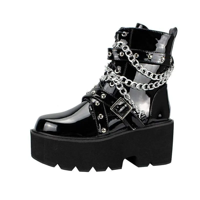 Damen Gothic Punk Lackleder Chain Plateau Stiefel