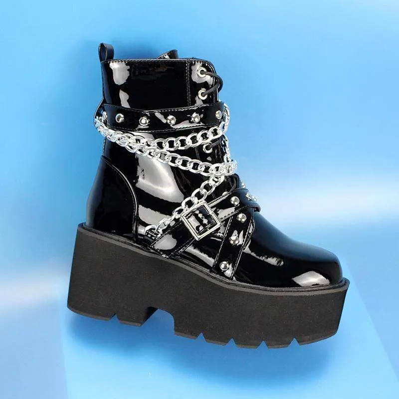Damen Gothic Punk Lackleder Chain Plateau Stiefel