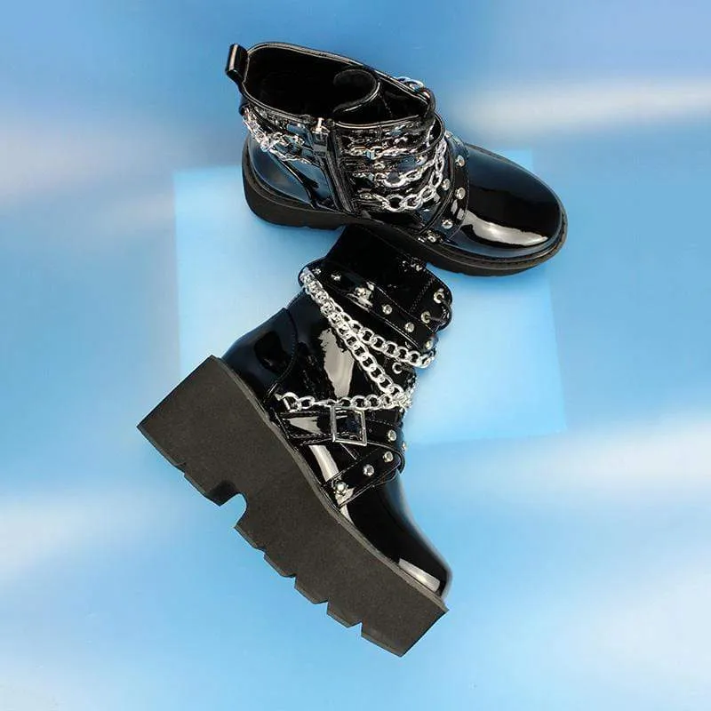Damen Gothic Punk Lackleder Chain Plateau Stiefel