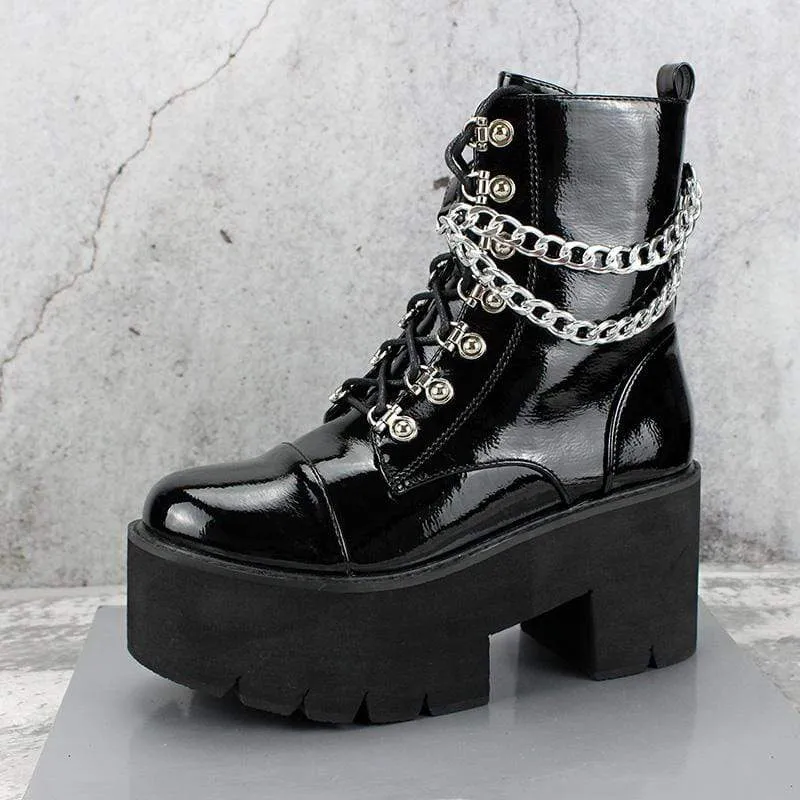 Damen Gothic Punk Lackleder Schnürstiefel