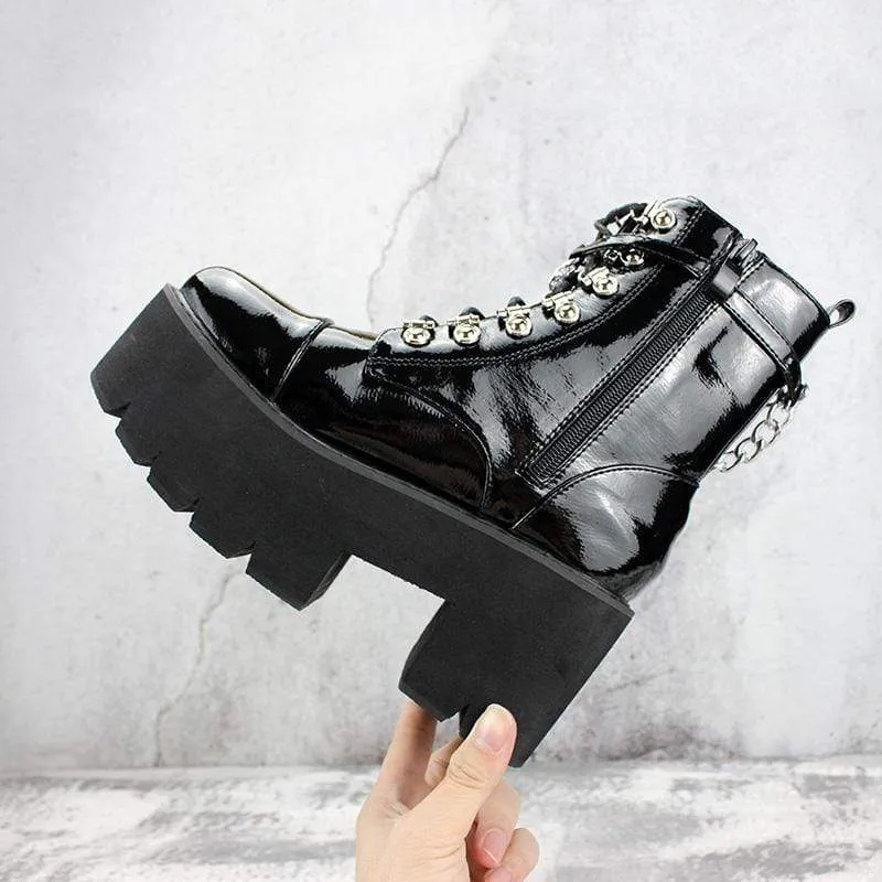 Damen Gothic Punk Lackleder Schnürstiefel