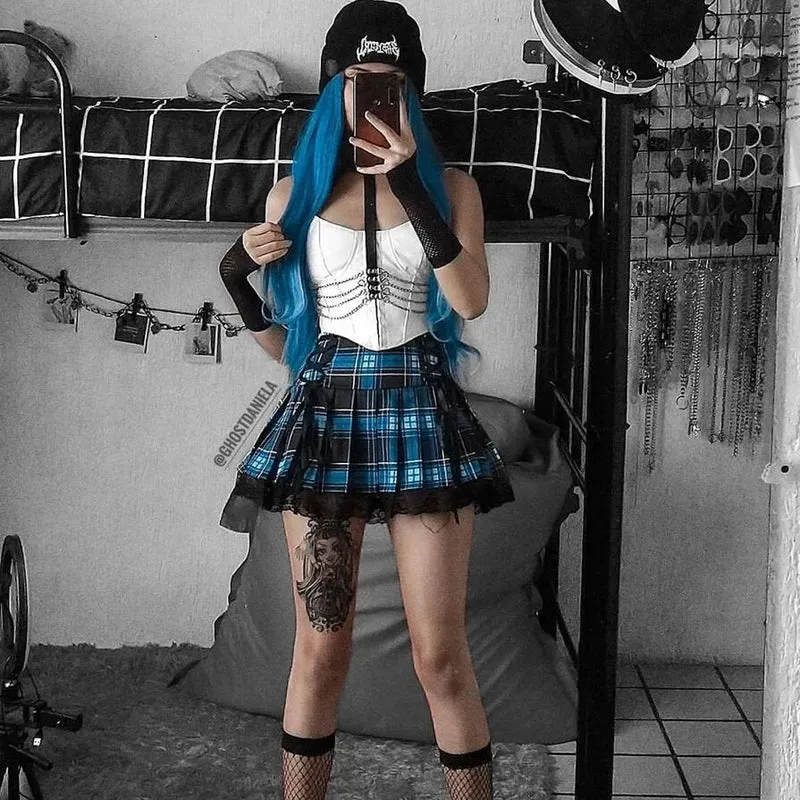 Damen Grunge Riemchen Spitzensaum Plissee Rock