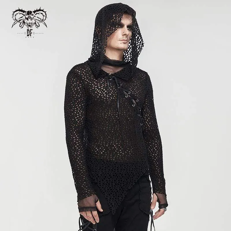 Herren Gothic Strappy Irregular Mesh Shirt mit Kapuze