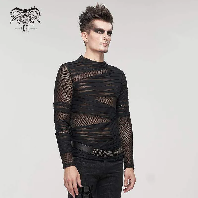 Herren Gothic gerafftes, transparentes Mesh-Hemd