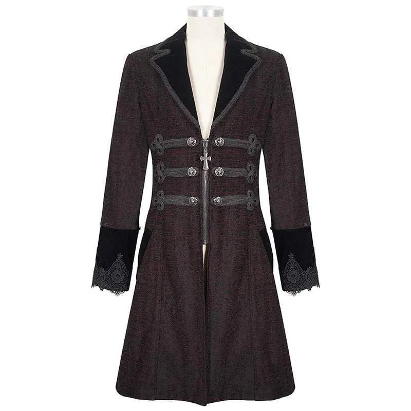 Herren Gothic Floral Zipper Roter Mantel mit abnehmbarem Kunstpelz