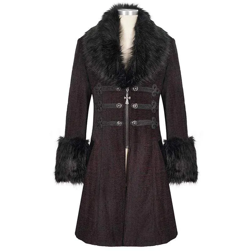 Herren Gothic Floral Zipper Roter Mantel mit abnehmbarem Kunstpelz