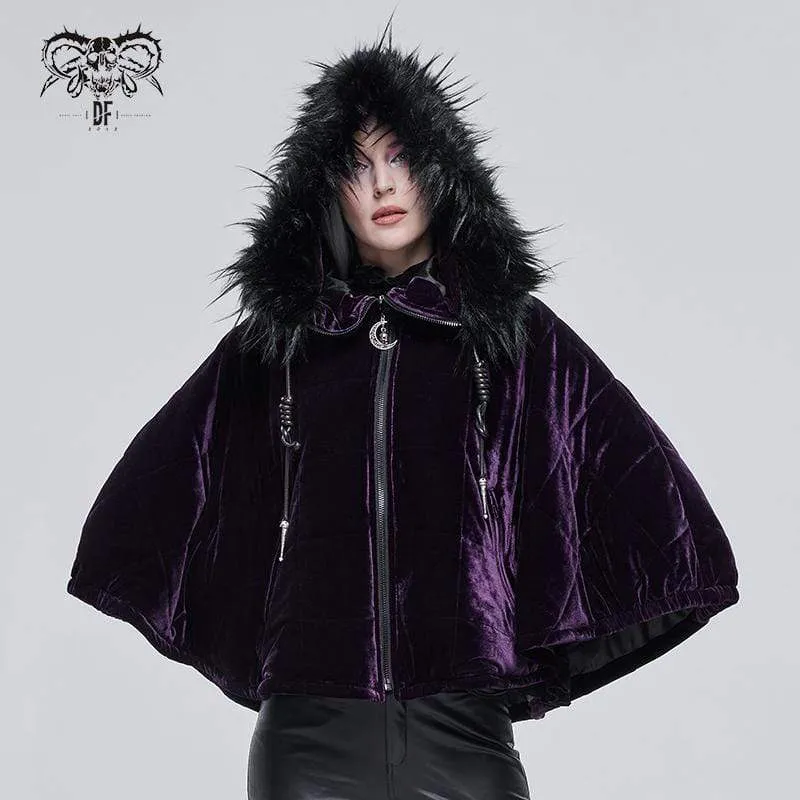 Gothic Zipper Samtmantel für Damen mit Hexenkapuze