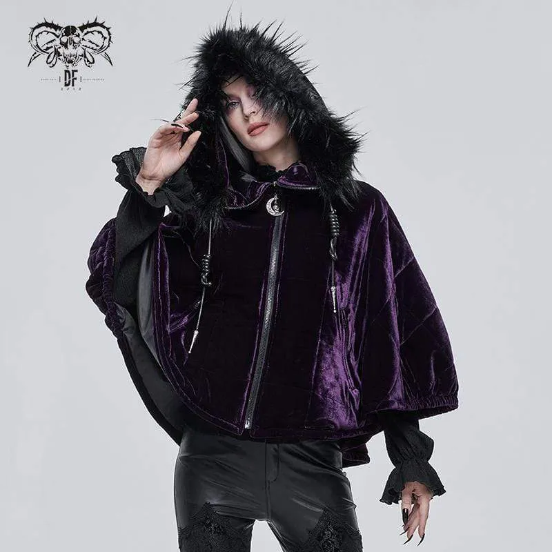 Gothic Zipper Samtmantel für Damen mit Hexenkapuze