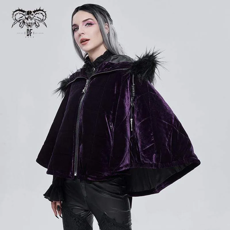 Gothic Zipper Samtmantel für Damen mit Hexenkapuze