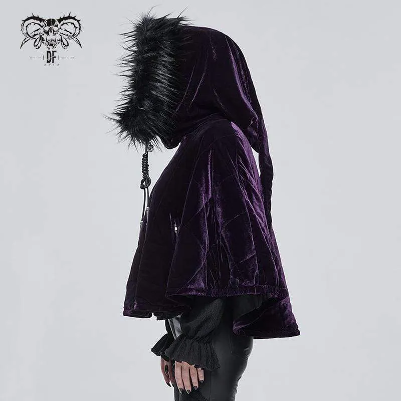Gothic Zipper Samtmantel für Damen mit Hexenkapuze