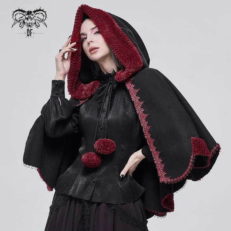 Gothic Blumenstickerei Spleiß Cape für Damen mit Kapuze Schwarz