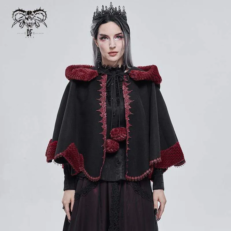 Gothic Blumenstickerei Spleiß Cape für Damen mit Kapuze Schwarz