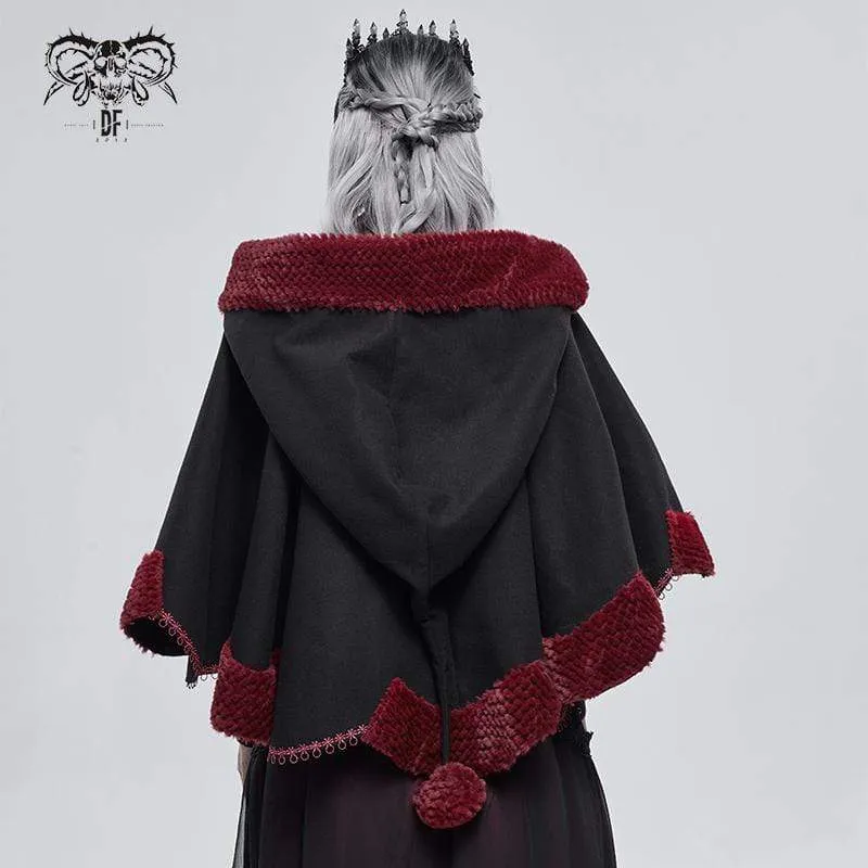 Gothic Blumenstickerei Spleiß Cape für Damen mit Kapuze Schwarz