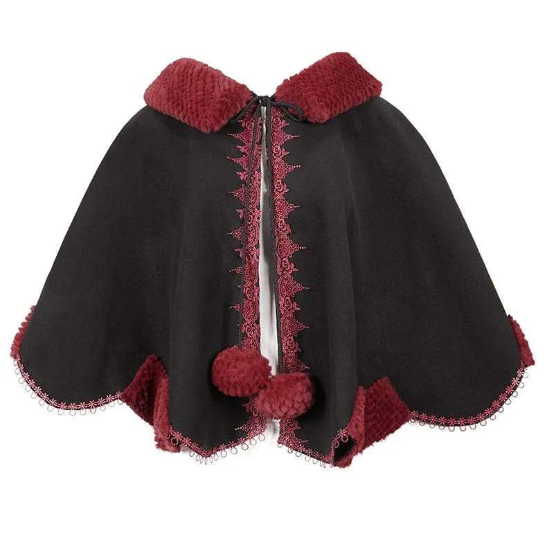 Gothic Blumenstickerei Spleiß Cape für Damen mit Kapuze Schwarz