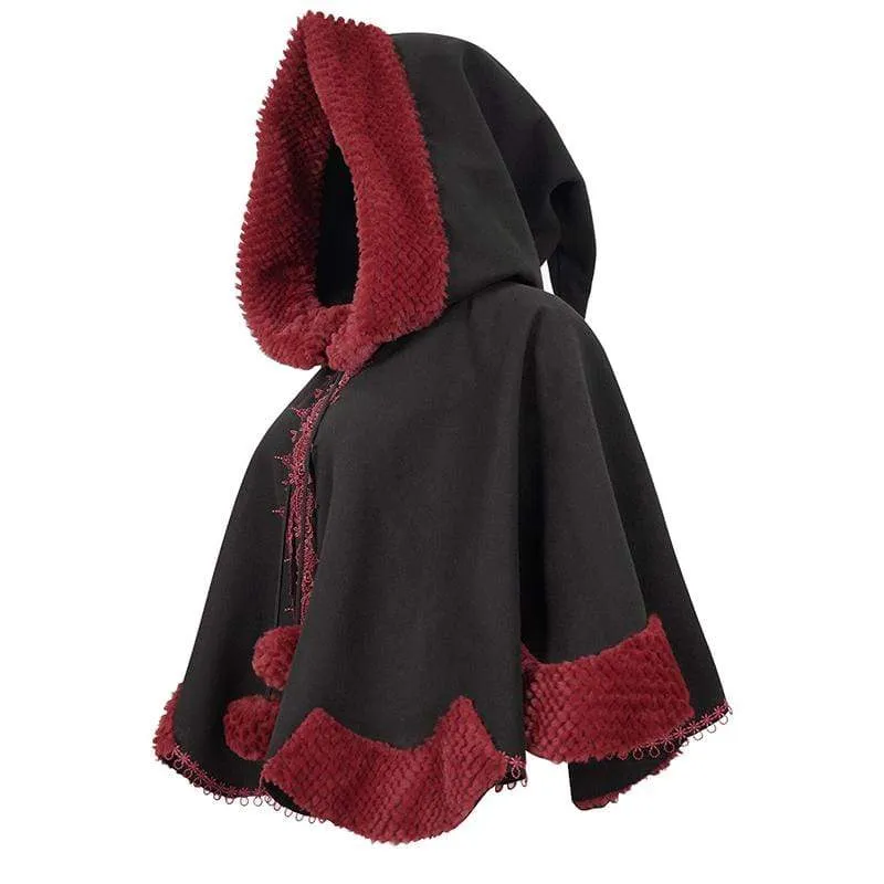 Gothic Blumenstickerei Spleiß Cape für Damen mit Kapuze Schwarz
