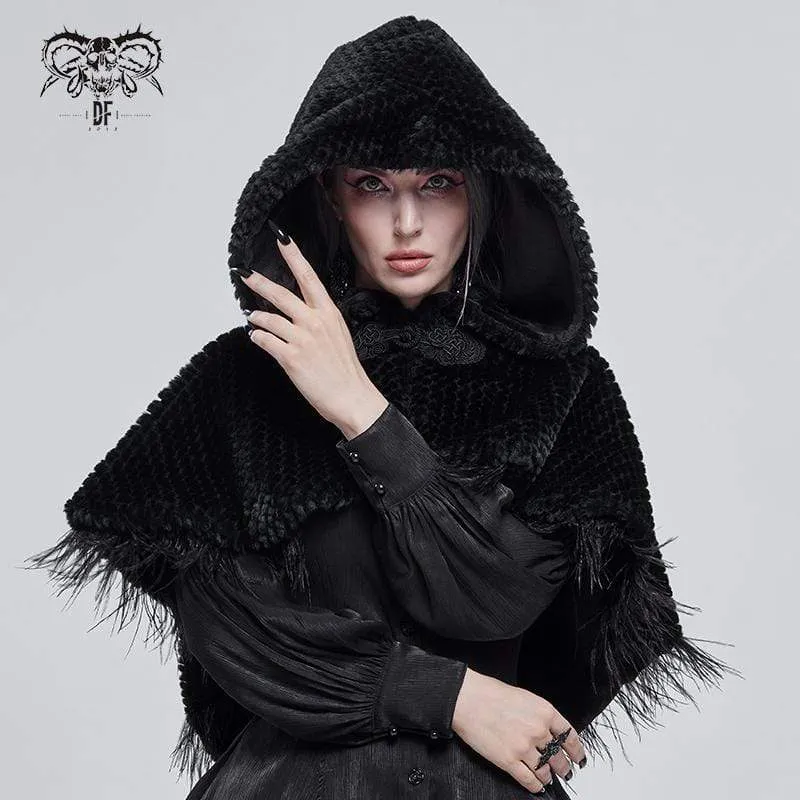 Damen Gothic Riemchen Umhang mit Kapuze Schwarz