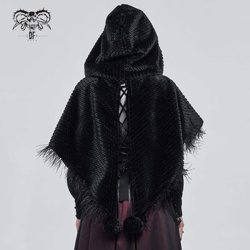 Damen Gothic Riemchen Umhang mit Kapuze Schwarz