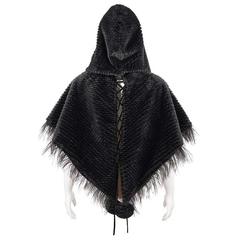 Damen Gothic Riemchen Umhang mit Kapuze Schwarz