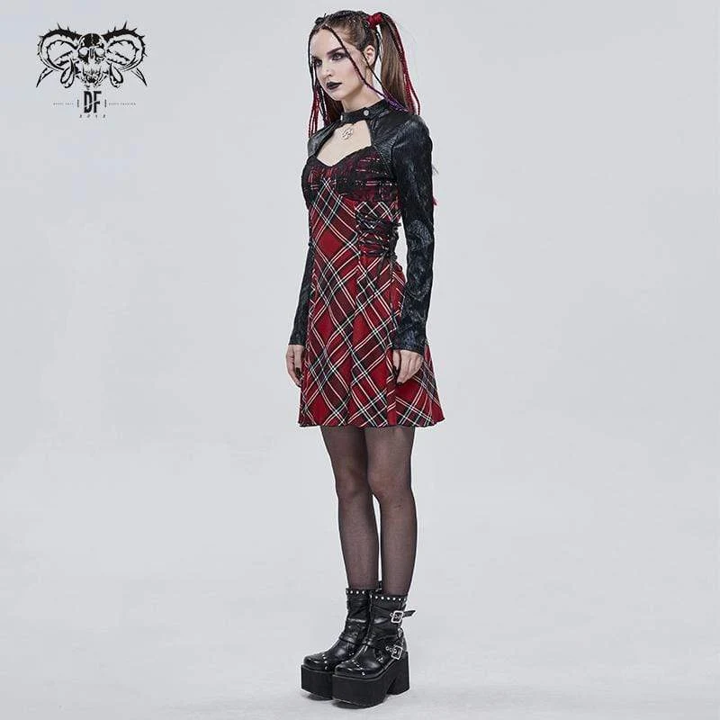Damen Gothic Riemchen Cutout Splice Kariertes Kleid