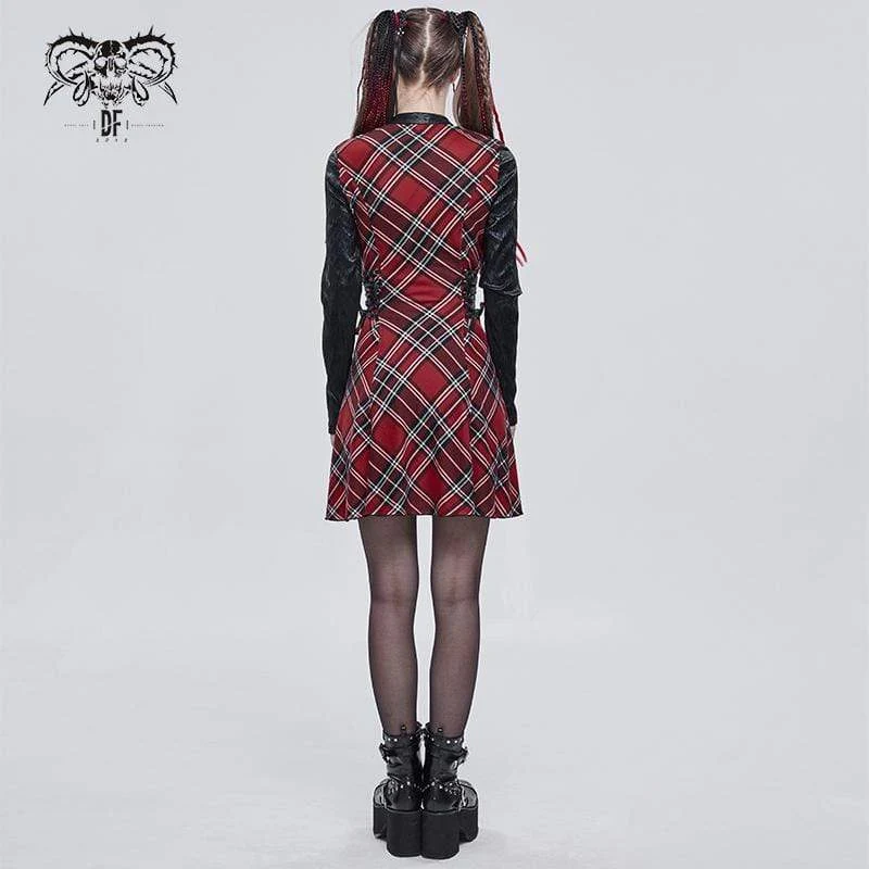 Damen Gothic Riemchen Cutout Splice Kariertes Kleid