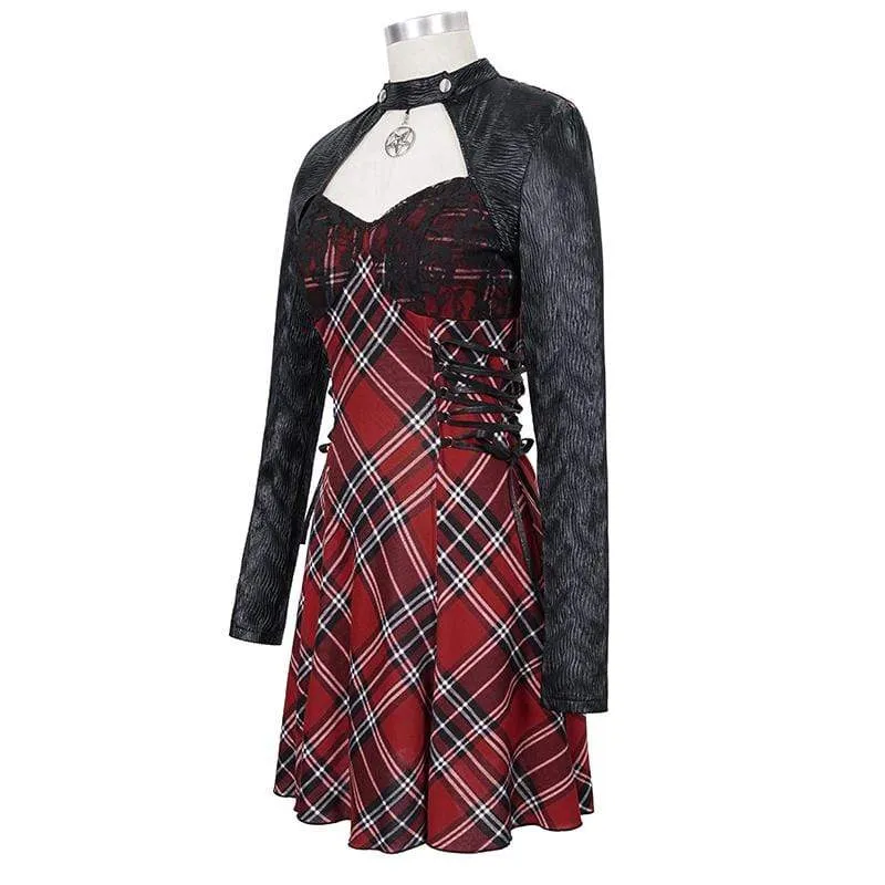 Damen Gothic Riemchen Cutout Splice Kariertes Kleid