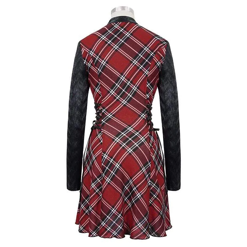 Damen Gothic Riemchen Cutout Splice Kariertes Kleid