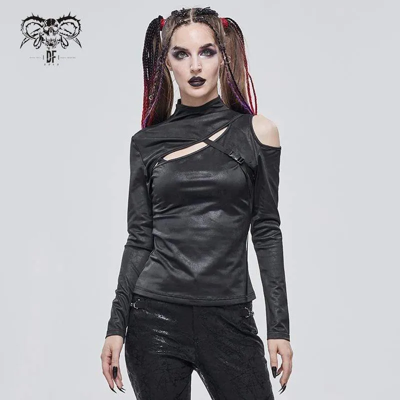 Damen Gothic Cutout Schnalle Slim Fitted Top Schwarz