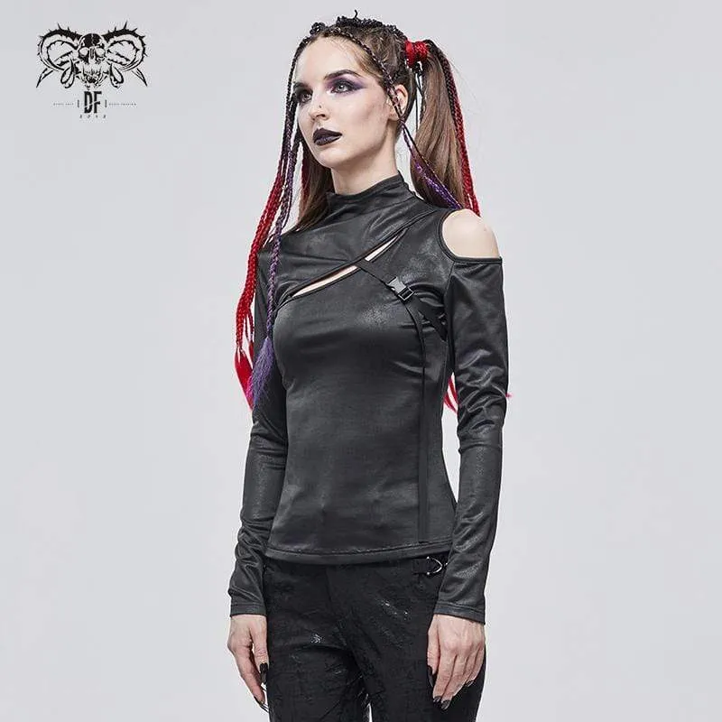 Damen Gothic Cutout Schnalle Slim Fitted Top Schwarz