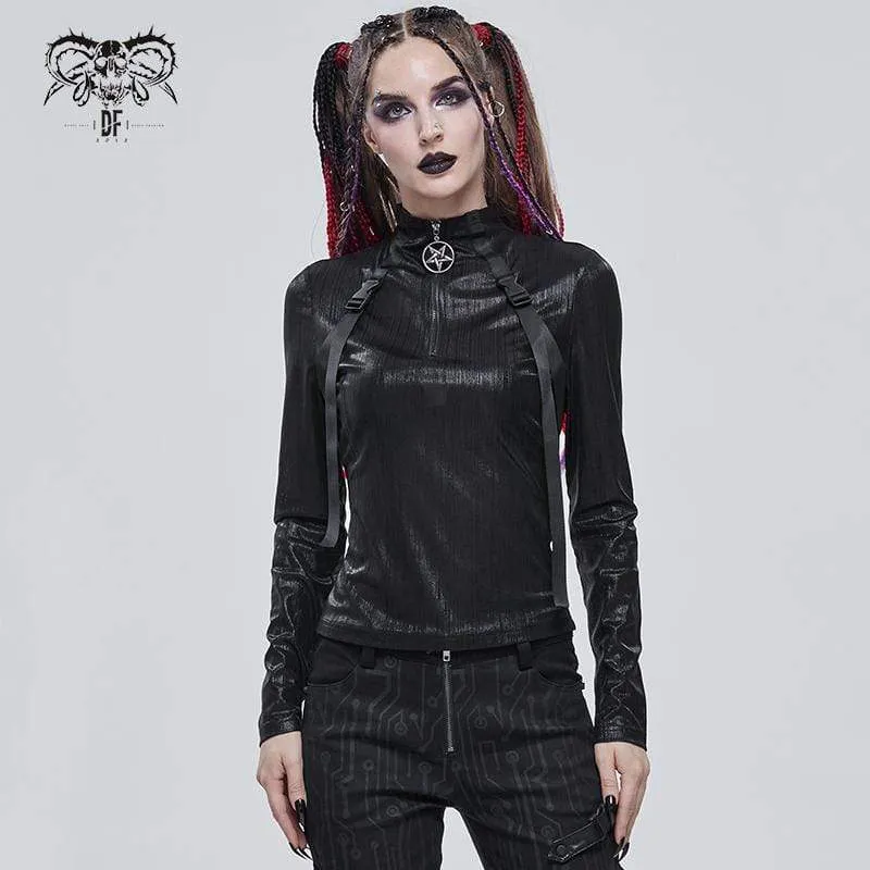Damen Gothic Stickup Schnallen Reißverschluss Top