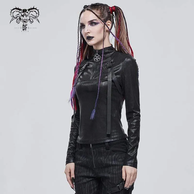 Damen Gothic Stickup Schnallen Reißverschluss Top
