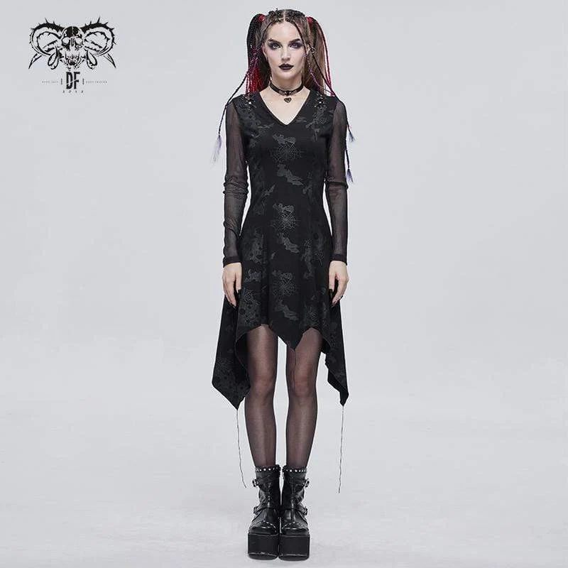 Gothic tiefes, unregelmäßiges Kleid mit Spinnweben-Print für Damen