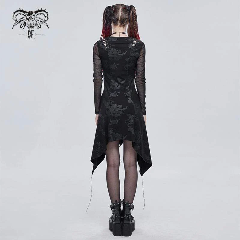 Gothic tiefes, unregelmäßiges Kleid mit Spinnweben-Print für Damen