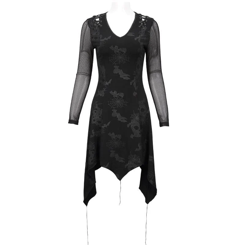 Gothic tiefes, unregelmäßiges Kleid mit Spinnweben-Print für Damen