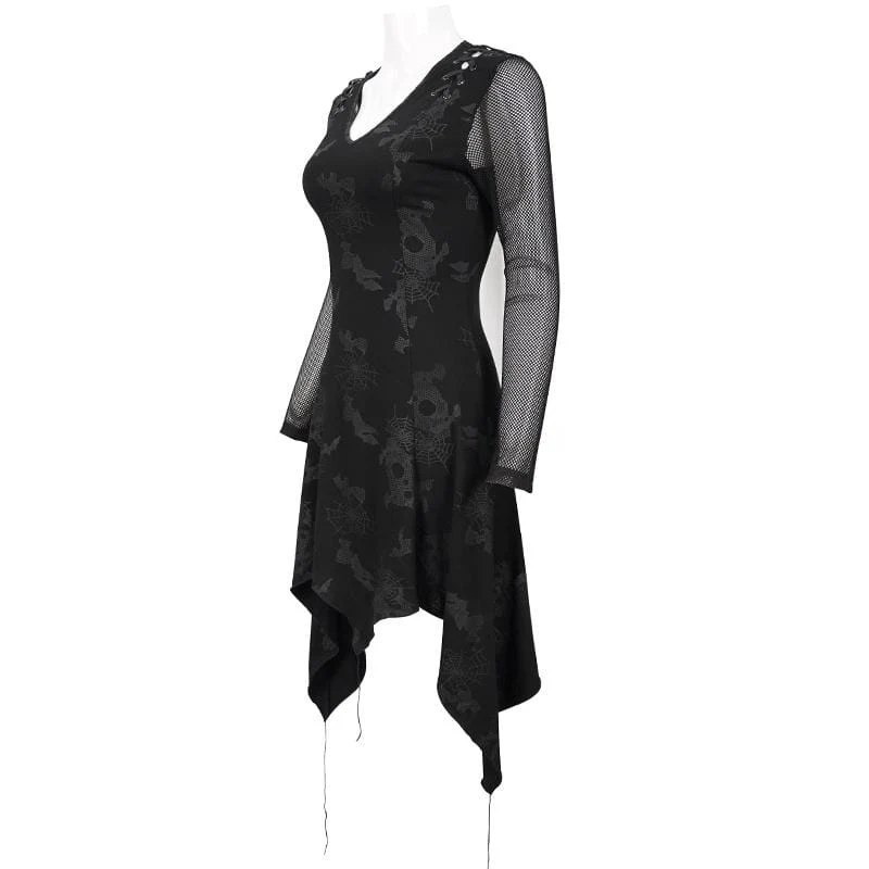 Gothic tiefes, unregelmäßiges Kleid mit Spinnweben-Print für Damen