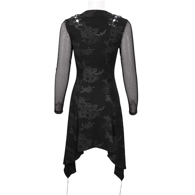 Gothic tiefes, unregelmäßiges Kleid mit Spinnweben-Print für Damen
