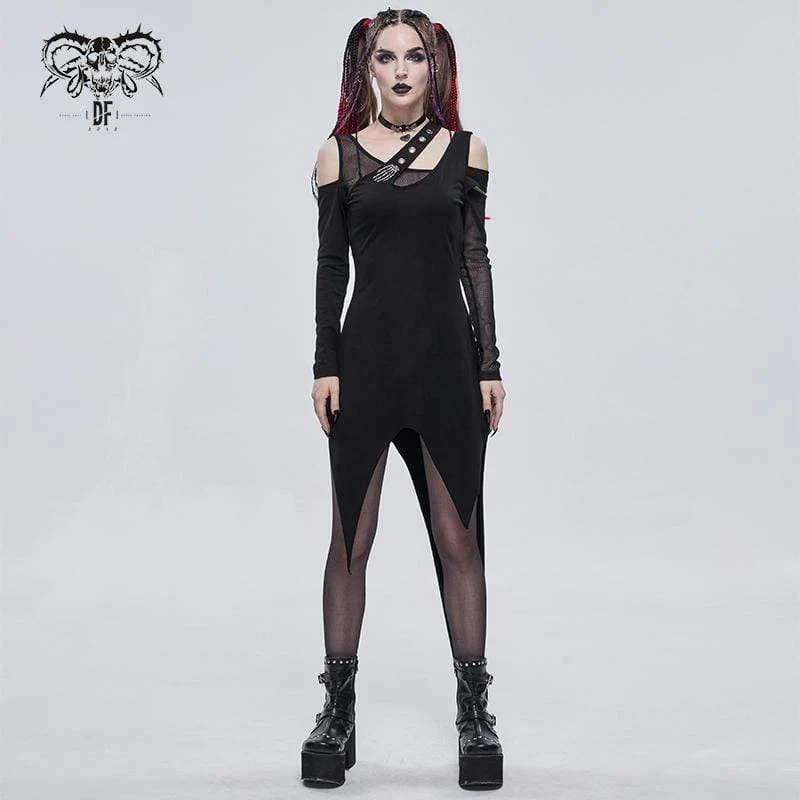 Damen Gothic Irregular Cutout Mesh Splice Dress