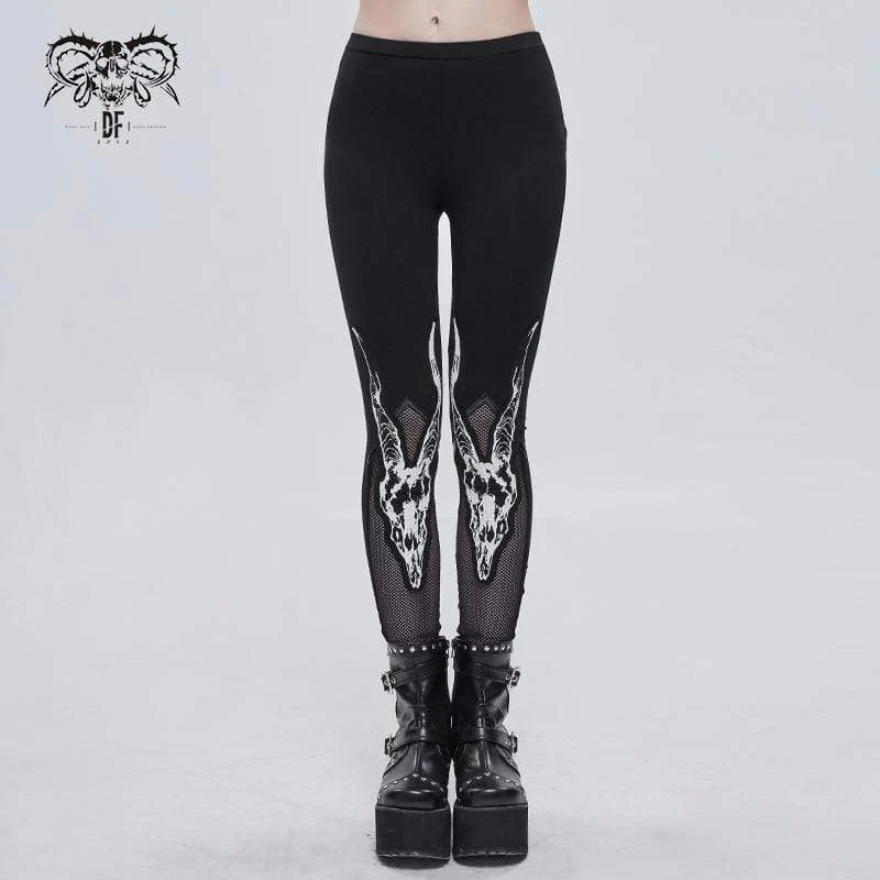 Gothic-Leggings mit Schafkopf-Print aus Netzstoff für Damen