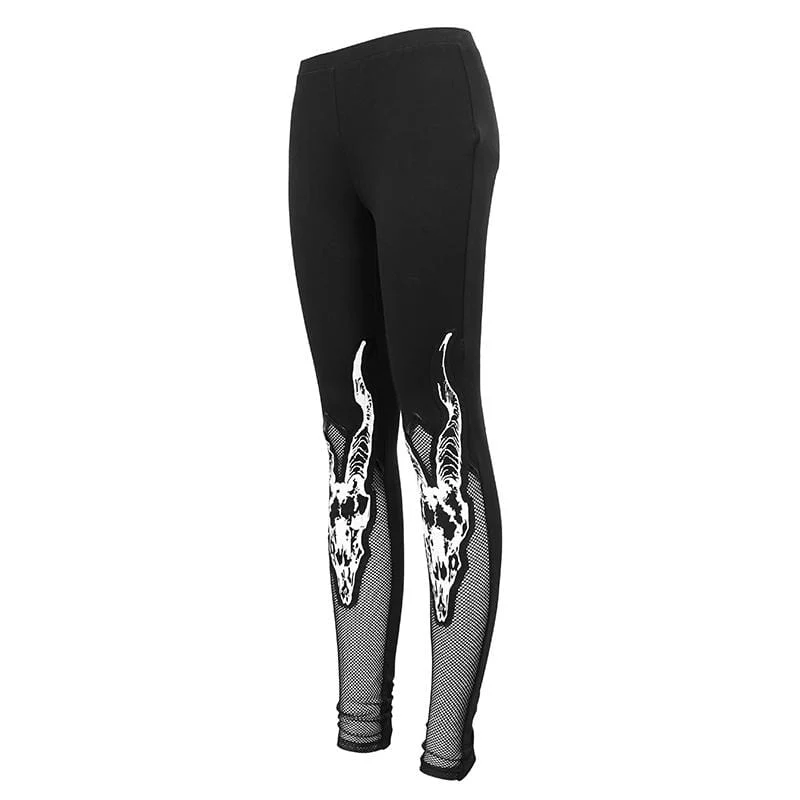 Gothic-Leggings mit Schafkopf-Print aus Netzstoff für Damen