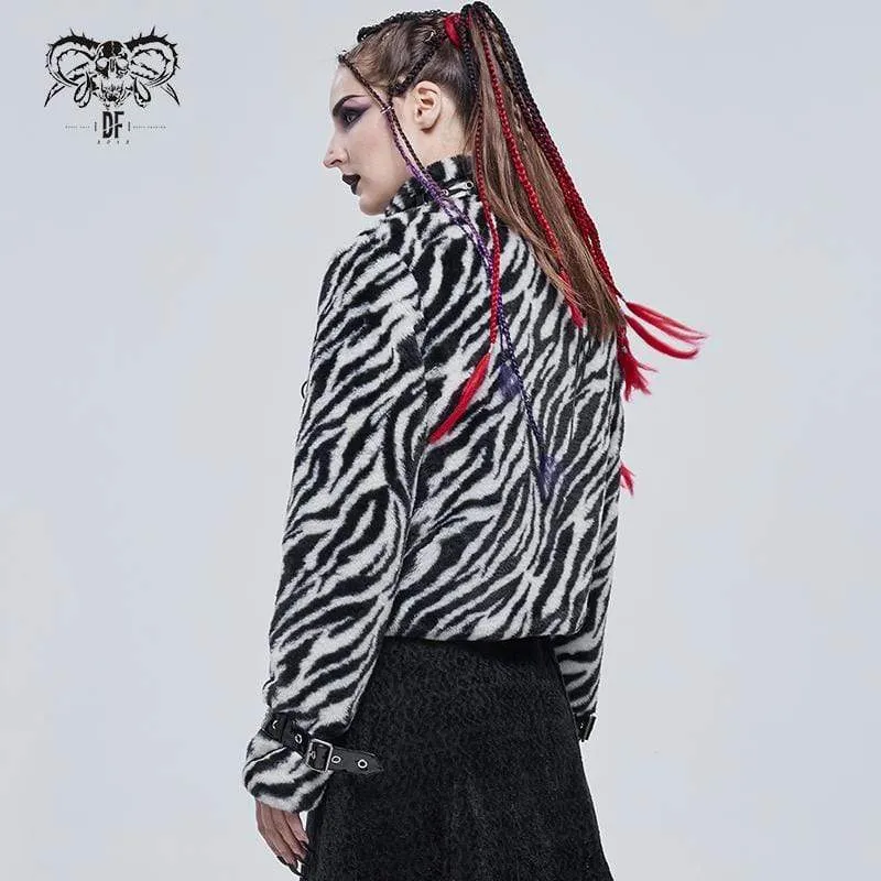 Gothic-Jacke mit Stehkragen für Damen mit Zebrastreifen-Schnallen