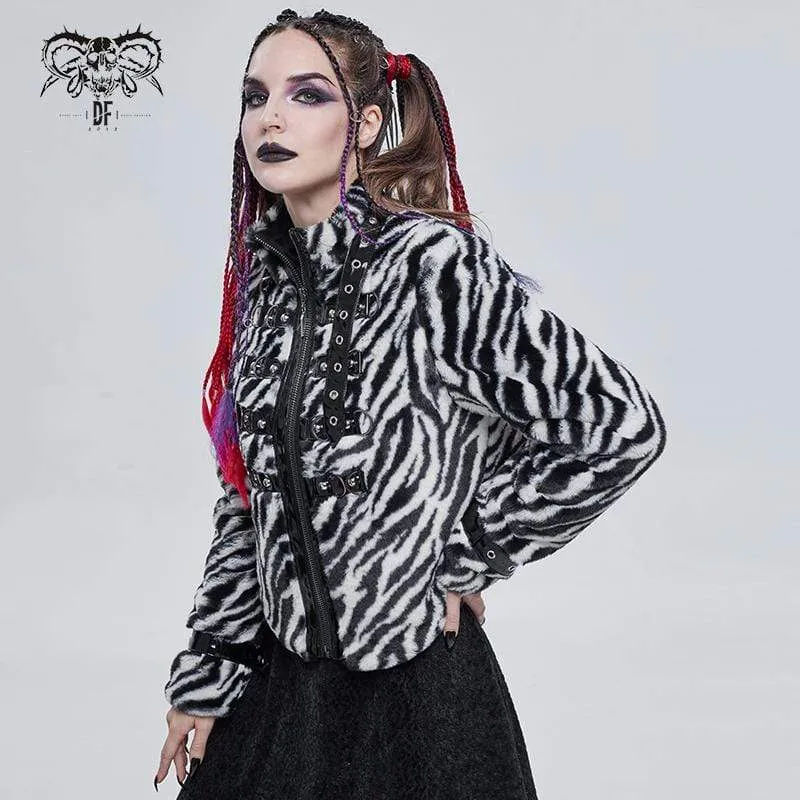Gothic-Jacke mit Stehkragen für Damen mit Zebrastreifen-Schnallen