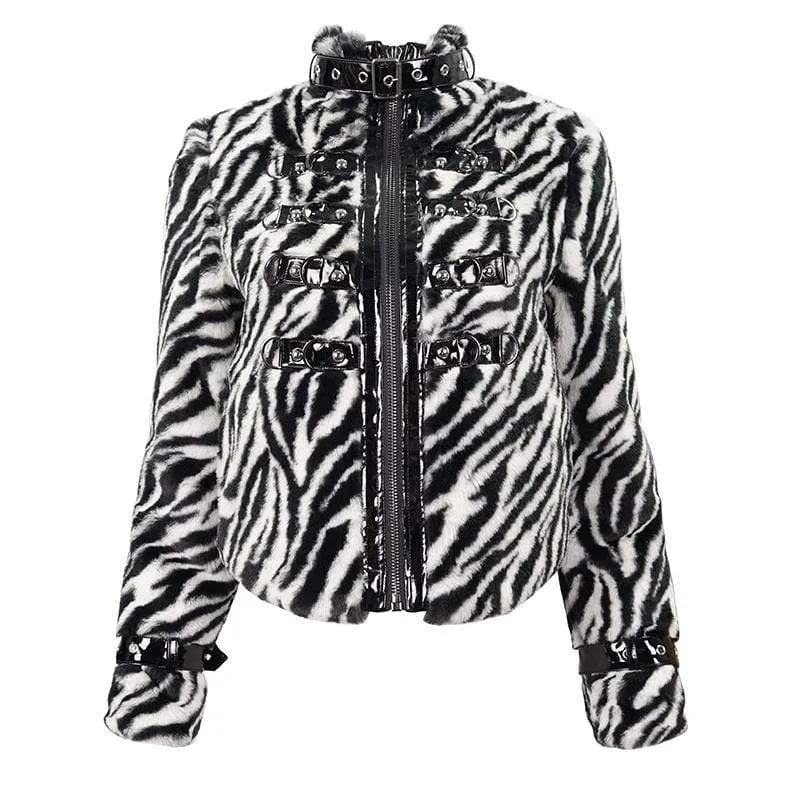 Gothic-Jacke mit Stehkragen für Damen mit Zebrastreifen-Schnallen