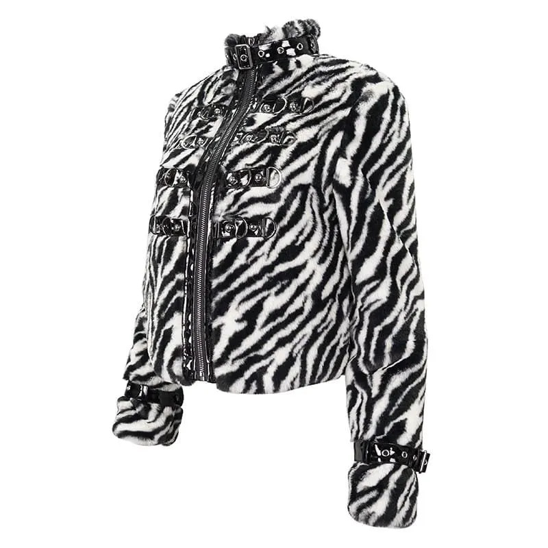Gothic-Jacke mit Stehkragen für Damen mit Zebrastreifen-Schnallen