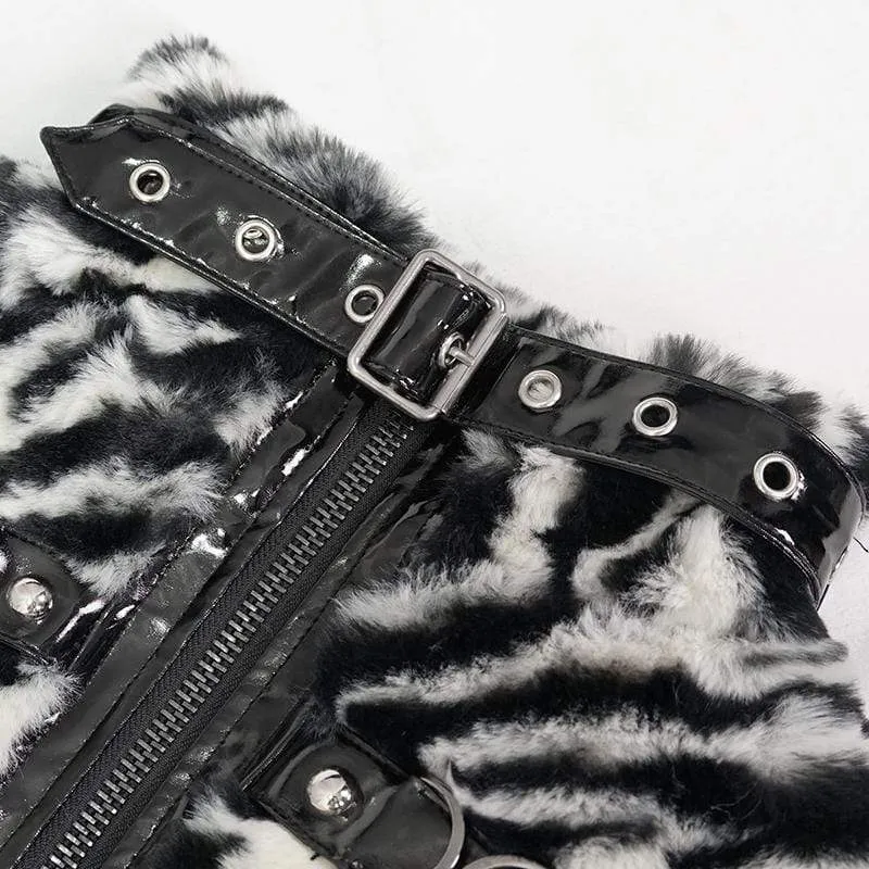 Gothic-Jacke mit Stehkragen für Damen mit Zebrastreifen-Schnallen
