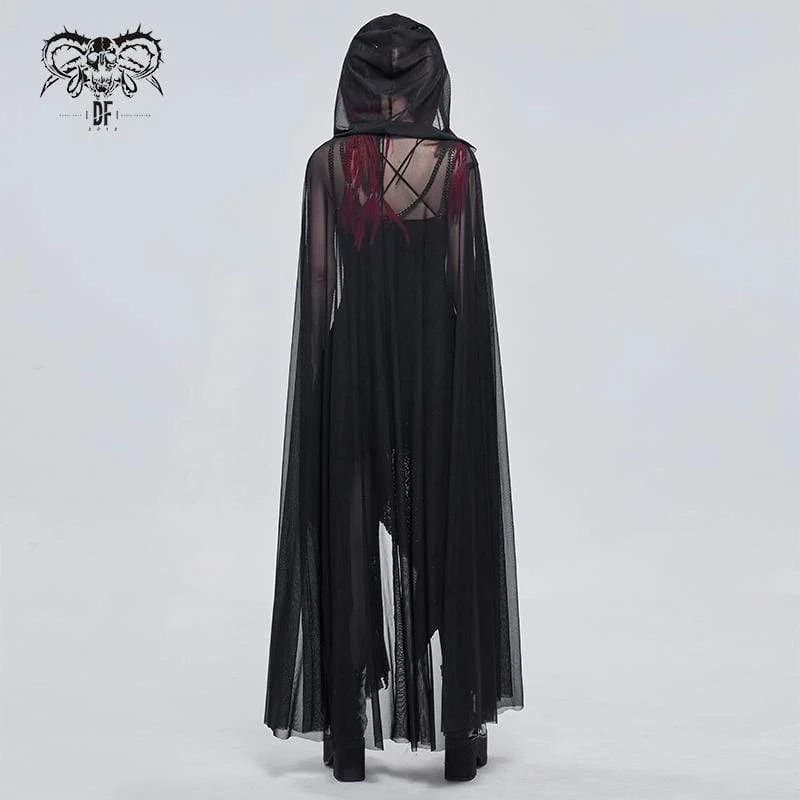 Damen Gothic Schnallen Sheer Long Umhang mit Kapuze