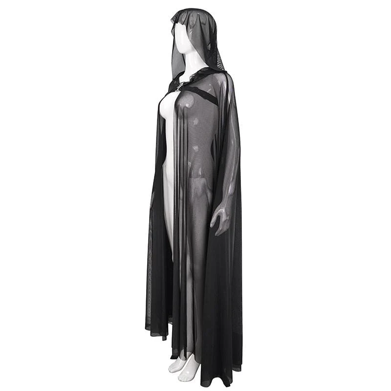 Damen Gothic Schnallen Sheer Long Umhang mit Kapuze