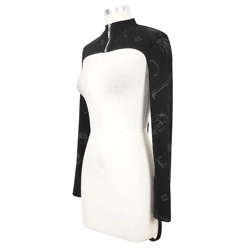 Gothic Bone Printed Strappy Zipper Cape für Damen
